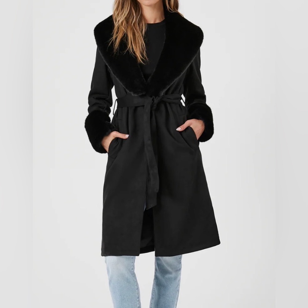 Forever 21 Black Faux Fur Trim Coat